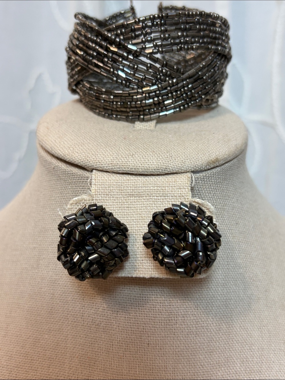 Handcrafted Black Beaded Bracelet and Earrings Set